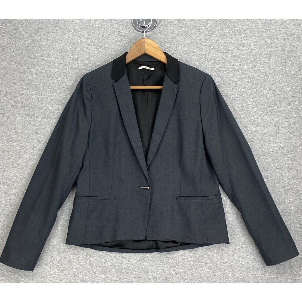 T Tahari Blazer Jacket Womens 8 Black Wool Lined Career Long Sleeve Collared